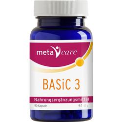 Eine blaue Flasche enthält "Basic 3" Nahrungsergänzungsmittel mit 90 Kapseln.