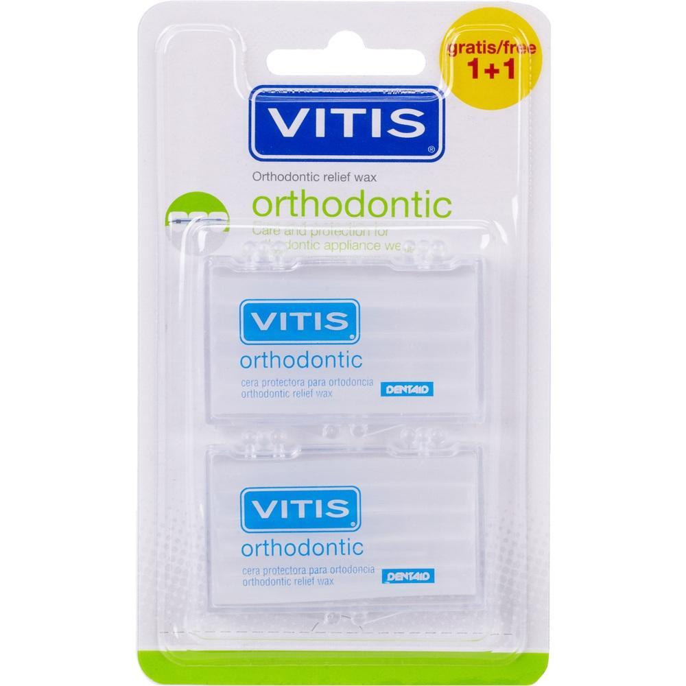 Zwei Packungen VITIS Zahnspangen-Wachs in einer Plastikverpackung.