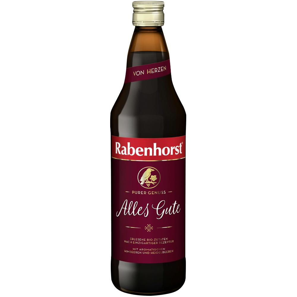 Eine dunkelrote Saftflasche mit dem Etikett "Rabenhorst Alles Gute".