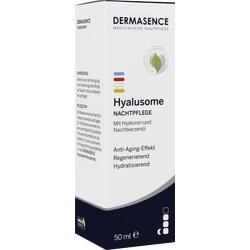 Weiße Verpackung mit der Aufschrift "Hyalusome Nachtpflege" und Pflegehinweisen.
